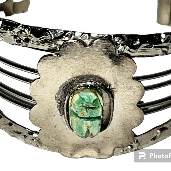 Vintage Egyptian Revival Green Turquoise Scarab Silver Cuff - Picture 2 of 9